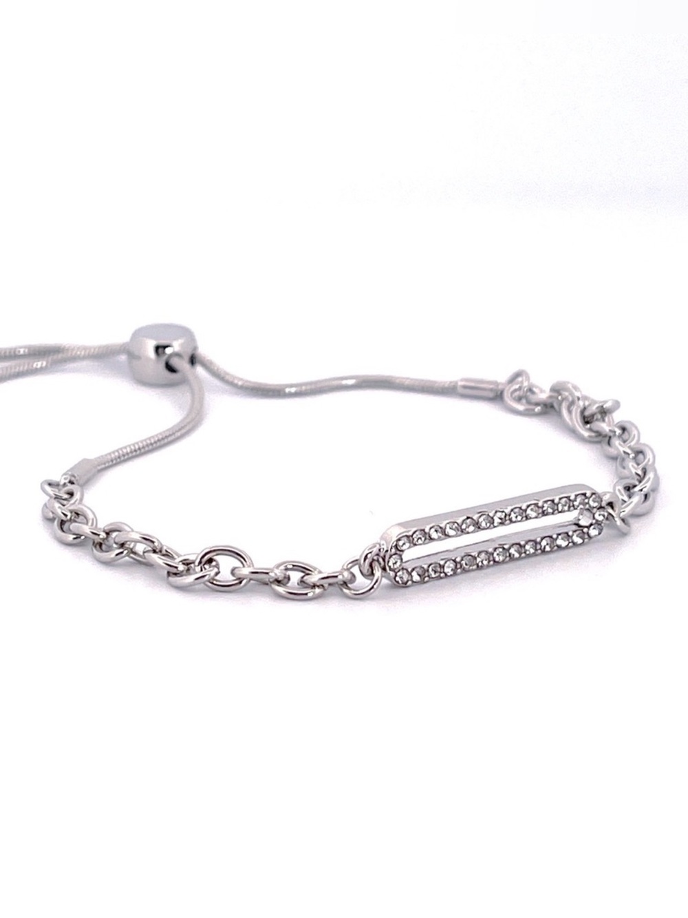 Crystal Pavé Paperclip Minimalist Silver Chain Slider Bracelet Made w/ Swarovski